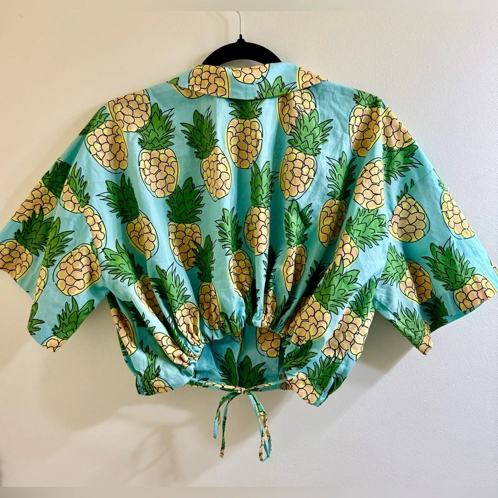 🍍Zara Blue Pineapple Print Crop Shirt Size XS - Picture 3 of 6